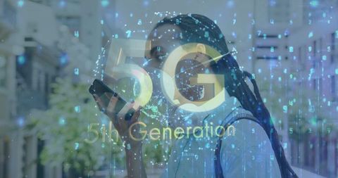 Urban woman using smartphone with 5g network overlay and digital connectivity visualization