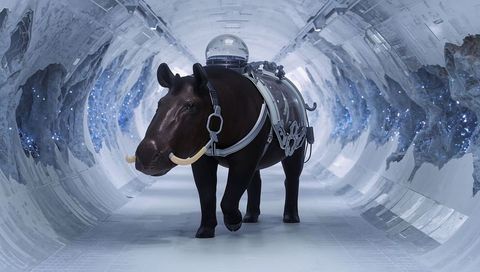 Hippo-like explorer wearing dome backpack walking through bioluminescent crystal tunnel