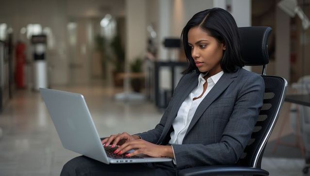 Focused professional woman typing on laptop in modern workspace