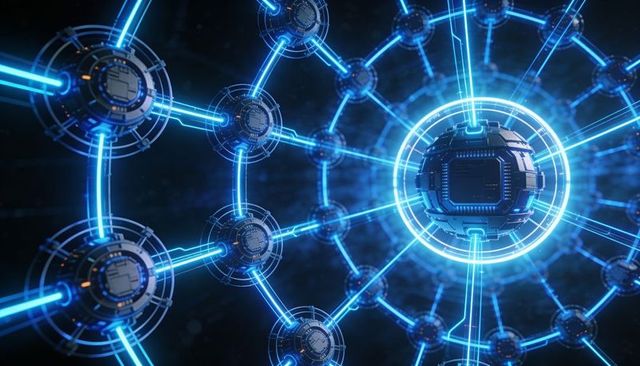 Pulsing neon network sphere connecting futuristic cyber hubs and data nodes
