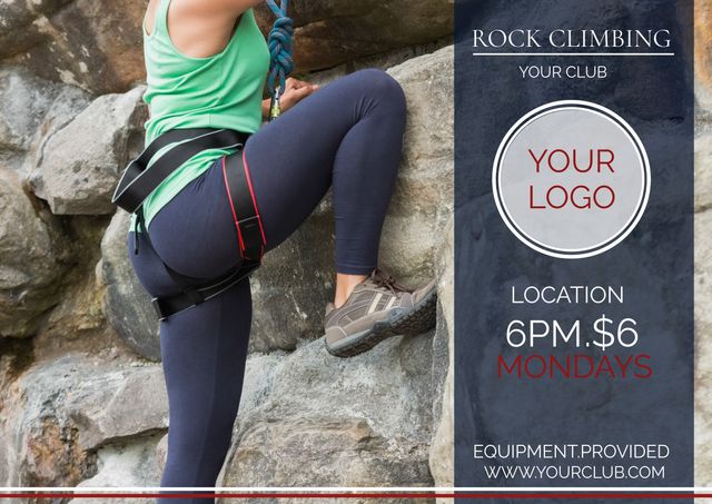 Promote adventure sports, a climber ascending a rock face, showcasing strength and determination. Ideal for fitness events or outdoor gear advertising, emphasizing the thrill of climbing.