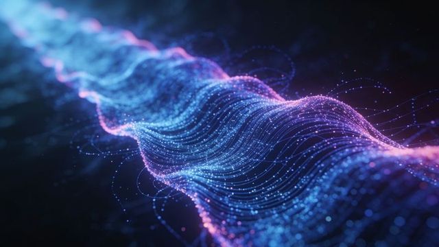 Luminous particle ribbon flowing through neon data stream, futuristic ai visualization