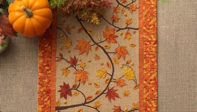 Autumn burlap table runner with maple leaf motif, orange border and pumpkin centerpiece