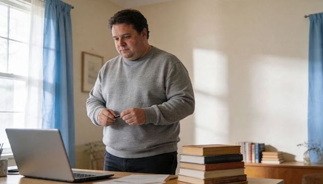 Contemplative middle-aged man studying laptop in home office holding glasses and stack of books
