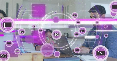 Family Working from Kitchen with 5G Technology Overlays