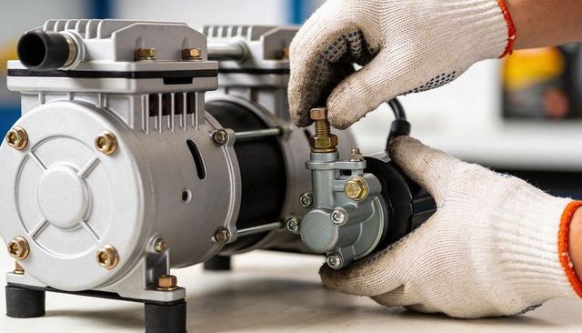 Mechanic tightening hex nut on compact electric motor pump with gloved hands