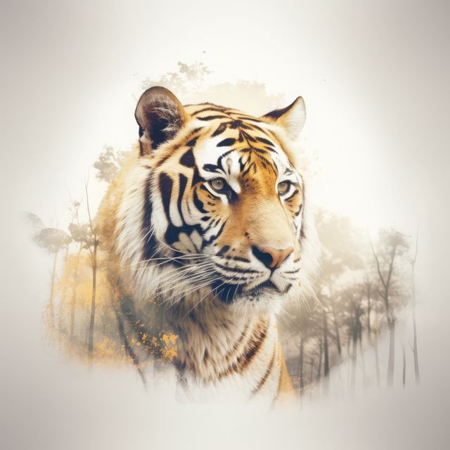 Double exposure with tiger and tropical greenery, created using generative ai technology. Double exposure, animal, wildlife and nature concept digitally generated image.