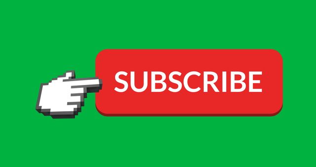 Vector image of red subscribe button with animated pointing hand icon against vibrant green background. Ideal for use in social media graphics, video end screens, website subscribe sections, YouTube channels, and blog promotion to attract subscribers.