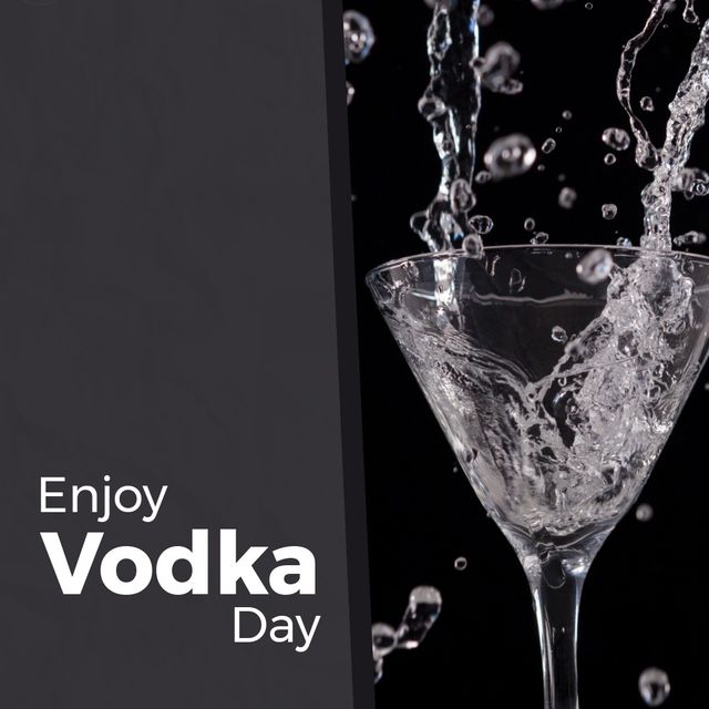 Illustrate National Vodka Day celebration with splash of a drink in an elegant martini glass against black background. Perfect for promotional materials for bars, restaurants, or beverage companies highlighting vodka-focused events, menus, or cocktail recipes. Ideal for social media posts, event invitations, or digital advertisements.