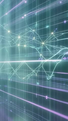 Vertical Futuristic Grid Drift Video with Pulsing Nodes and Sweeping Light Beam