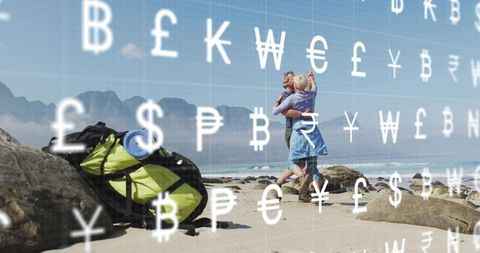 Mature couple embracing on beach with backpack and floating global currencies for travel
