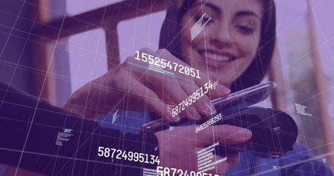 Smiling woman tapping smartphone for mobile payment with augmented reality data overlay