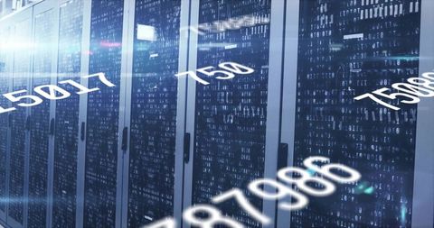 Futuristic Data Center with Streaming Numbers Overlays