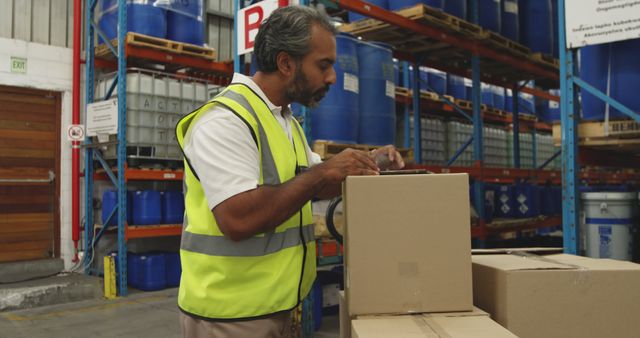 Warehouse worker in a reflective vest checks inventory, with copy space - Download Free Stock Photos Pikwizard.com