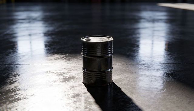Weathered Steel Drum Casting Long Shadow on Wet Concrete Warehouse Floor in Dramatic Light