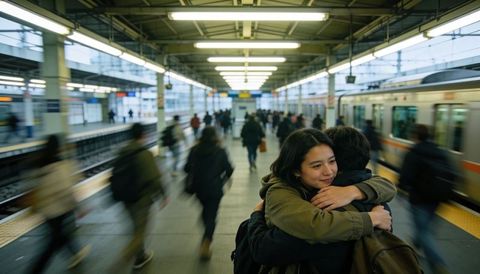 Young couple hugging on busy train platform during rush hour commute
