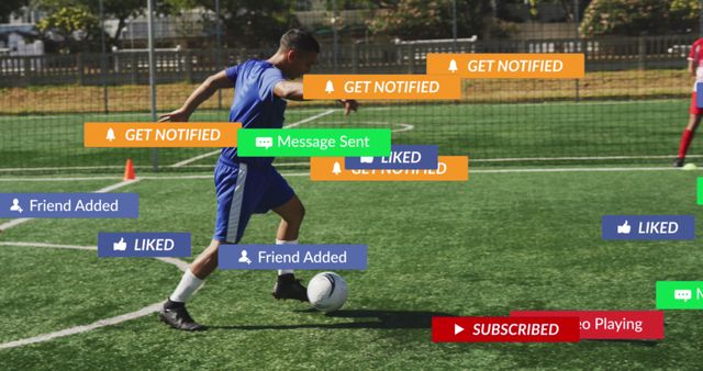 Multitasking Teen Soccer Player with Social Media Overlays on Field - Download Free Stock Images Pikwizard.com