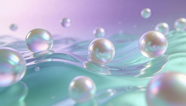 Iridescent pearl orbs floating over rippling pastel liquid, pearlescent abstract backdrop