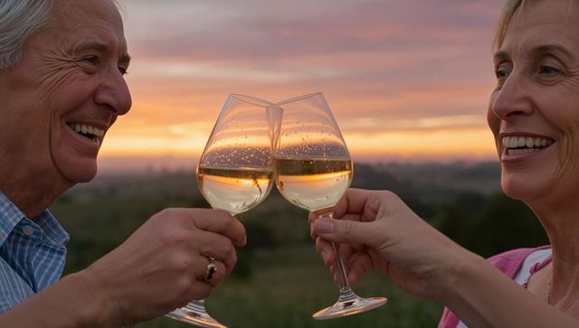 Senior couple toasting white wine at countryside sunset celebrating longtime romance