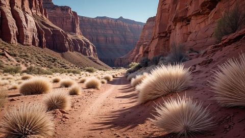 Scenic desert trail winding through sandy canyon with desert shrubs and tumbleweed