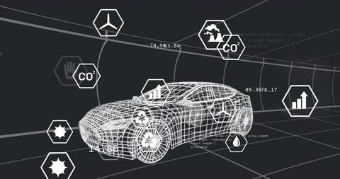Wireframe sports car navigating virtual tunnel with telemetry hex icons and data overlays