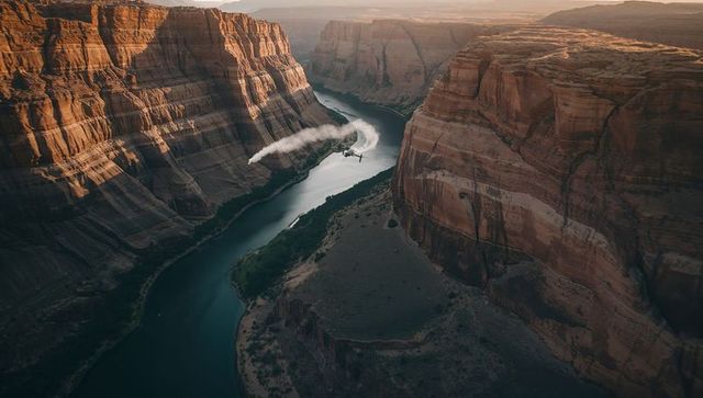 Small propeller plane trailing smoke through winding red sandstone canyon at golden hour