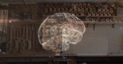 Futuristic brain hologram in craftsmanship woodshop toolbox
