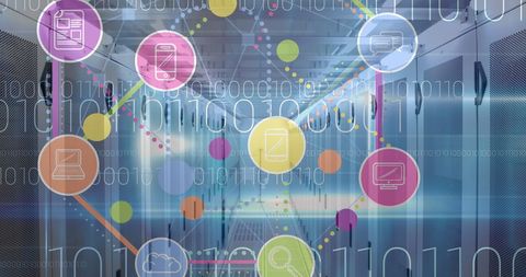 Binary Code Overlays on Computer Servers with Technology Icons - Download Free Stock Images Pikwizard.com