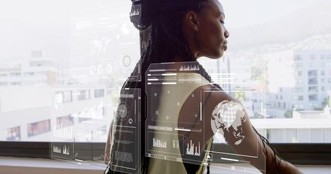 Woman gazing over city with augmented data overlays, urban analytics and tech concept