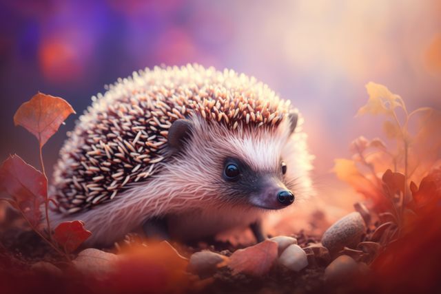 This heartwarming scene of a baby hedgehog in vibrant autumn leaves is perfect for wildlife photography collections, seasonal promotions, and nature-related content. The image can be used for greeting cards, social media posts, and educational materials about wildlife and nature.