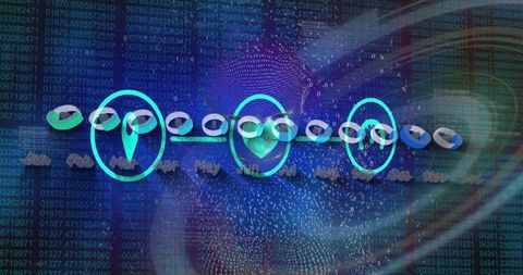 Futuristic blockchain timeline with data visualization
