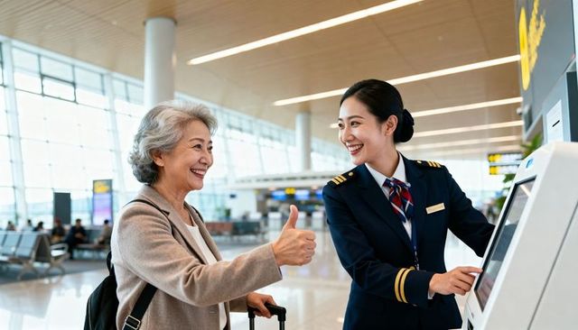 Smiling senior traveler giving thumbs-up while airline attendant assisting self-check-in kiosk