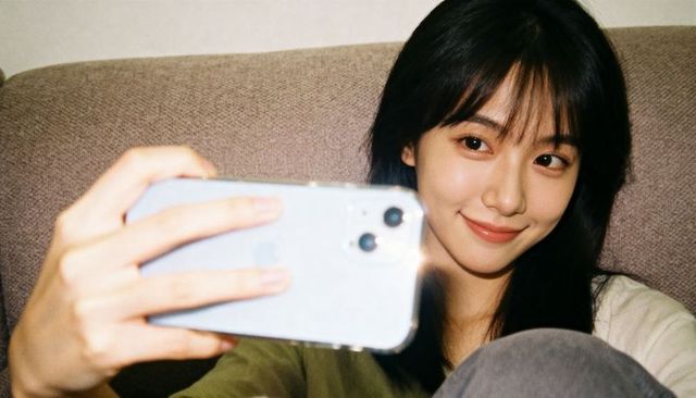 Young asian woman taking smartphone selfie on couch smiling closeup with blue case