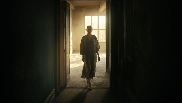 Walking woman entering sunlit room from dark corridor, moody backlit silhouette
