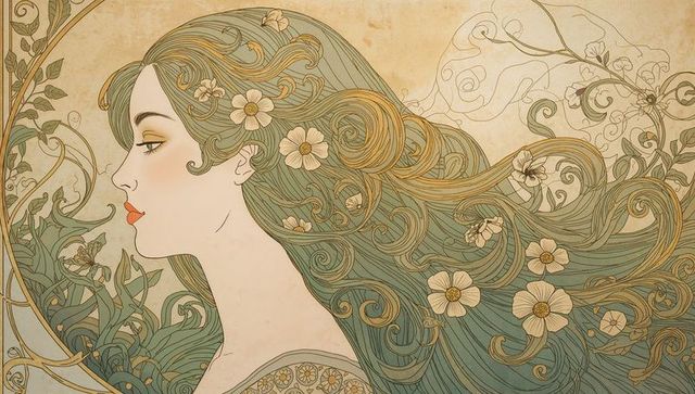 Art nouveau inspired elegant floral female portrait