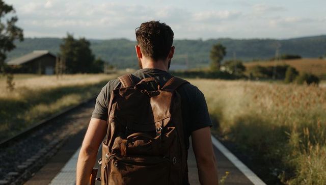 Male Backpacker Walking Along Rural Train Platform at Golden Hour, Countryside Travel