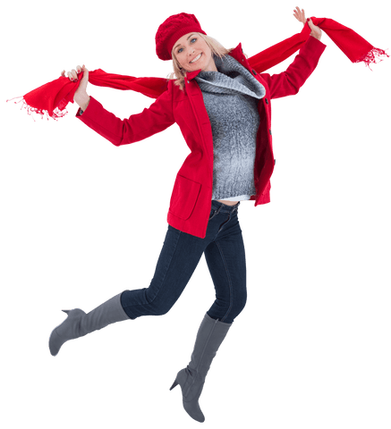 joyful woman jumping in red winter apparel transparent background - Download Free Stock Videos Pikwizard.com