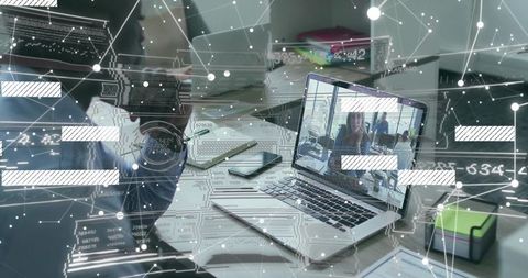 Tech-Savvy Professional Collaborating Remotely with Data Overlay