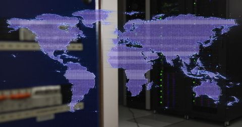 Digital world map overlay in high-tech server room