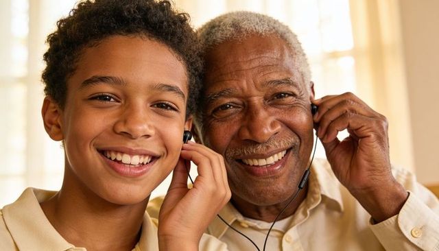 Smiling grandfather and grandson sharing earbuds enjoying music and multi-generational bond