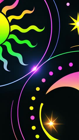 Vertical neon sun and crescent animation glowing arcs dots stars for mobile video loop