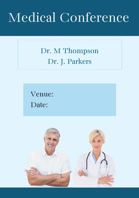 Perfect for promoting medical conferences or seminars. Features two Caucasian doctors with space for venue and date details. Ideal for event posters, social media promotions, and email marketing campaigns. Useful for hospitals, clinics, medical schools, and healthcare organizations to attract attendees.