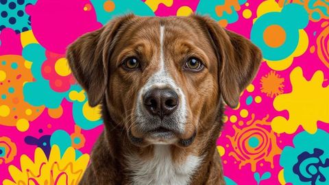 Brown and white dog against vibrant abstract backdrop