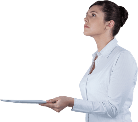 Businesswoman contemplating while holding transparent tablet