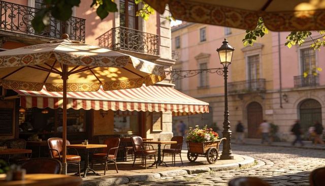Sunlit european cafe terrace on cobblestone corner, striped awnings and lamppost