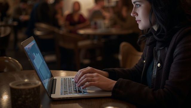 Focused woman working on laptop in cozy cafe at night typing charts and managing data