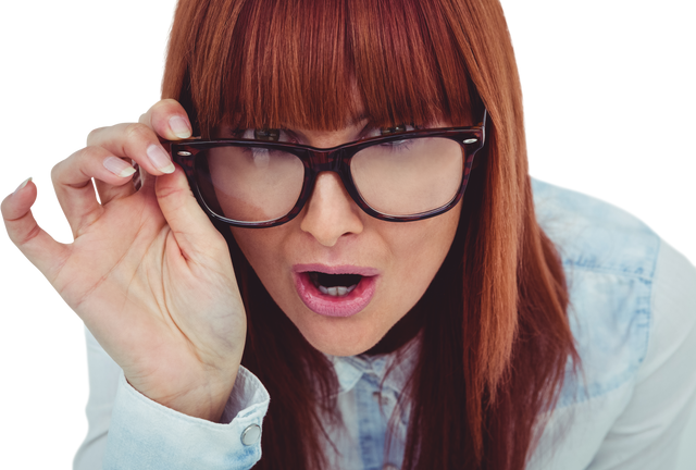 Transparent Enthusiastic Hipster Woman with Red Hair Adjusting Glasses - Download Free Stock Videos Pikwizard.com