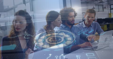 Team Collaboration Amidst Futuristic Digital Interface