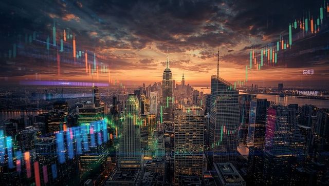New york city skyline with overlayed financial charts at sunset