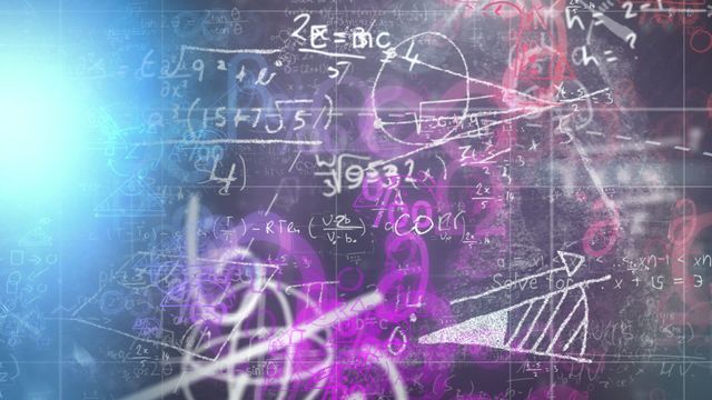 Colorful mathematical formulas appear on a black grid background creating a dynamic visual effect. Ideal for illustrating concepts in science and research, educational and training materials, mathematics and physics presentations, or advertisement campaigns focused on innovation.